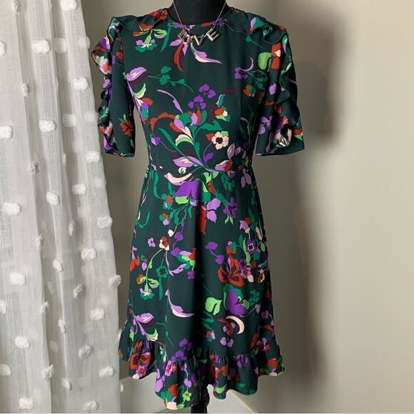 kate spade Dresses & Skirts - Kate Spade Fleur Nouveau dark green‎ floral smocked ruffle mini dress size 0